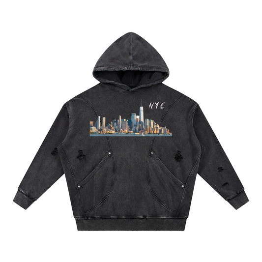 Unisex Snow Washed Distressed Panel Pocket Hoodie with NYC Skyline Print