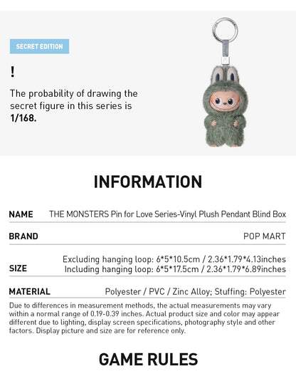 Labubu Pin for Love Series THE MONSTERS Vinyl Plush Pendant Blind Box (A-M)