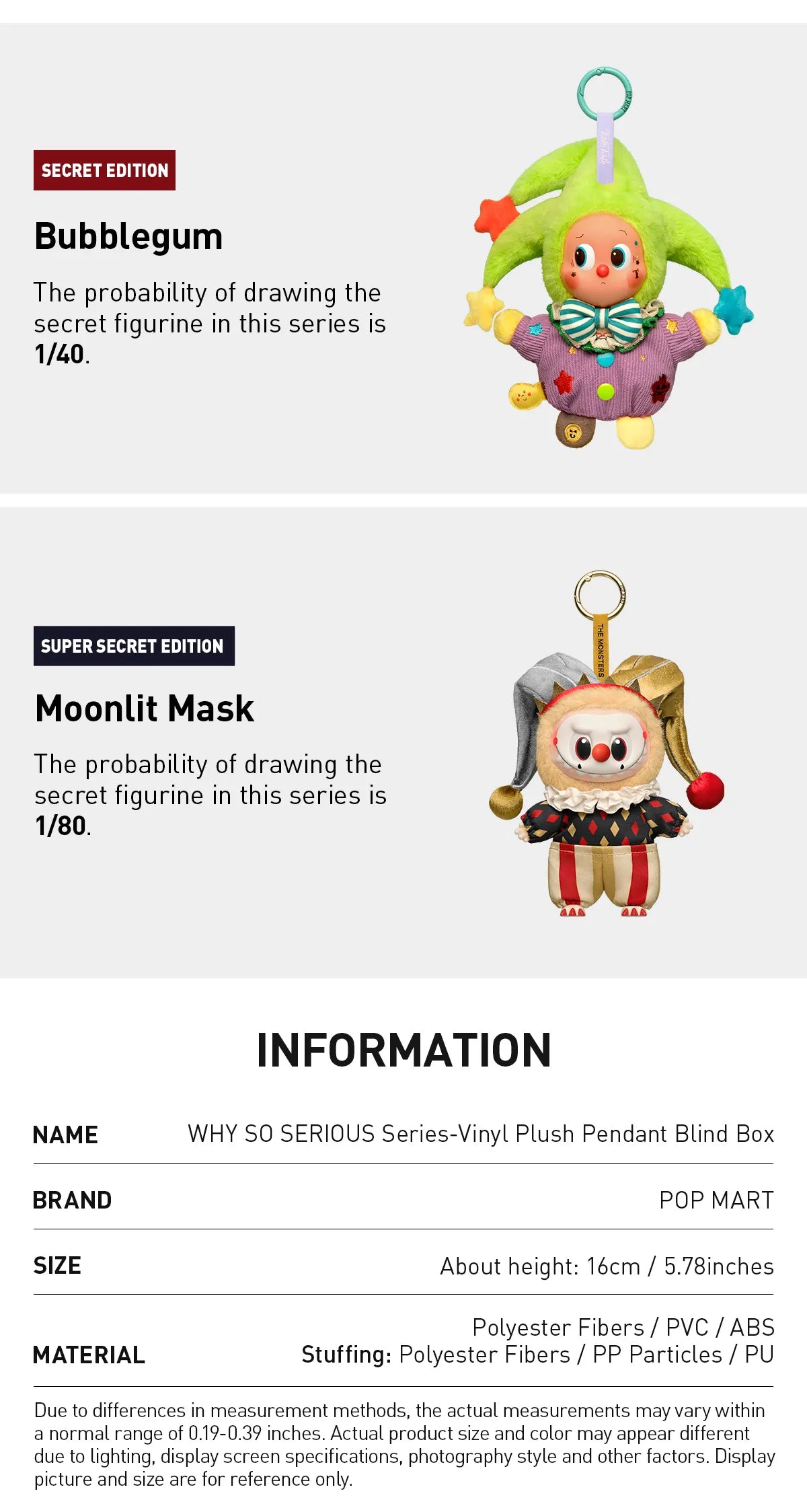 WHY SO SERIOUS Labubu Pop Mart Authentic Series-Vinyl Plush Pendant Blind Box