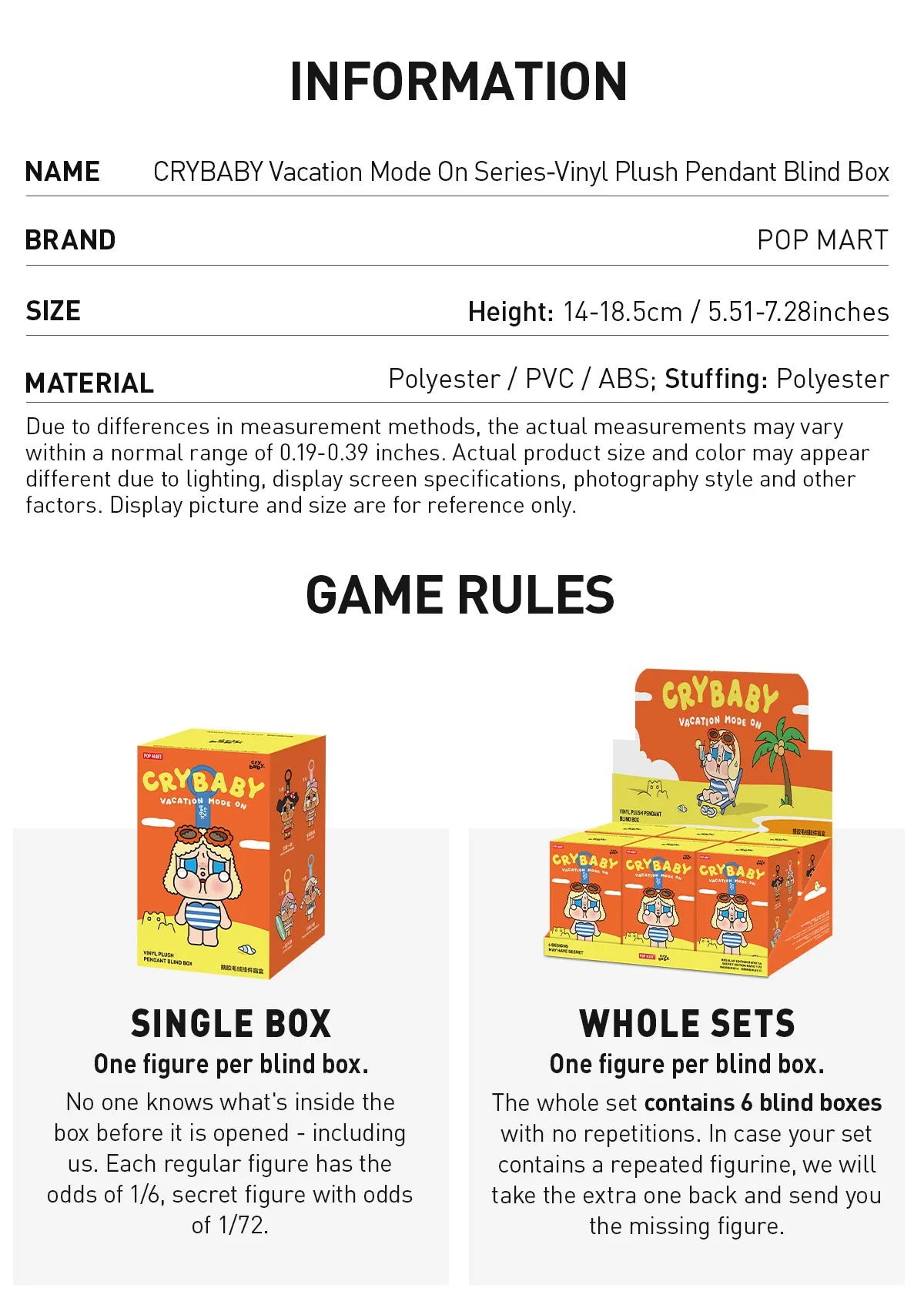 CRYBABY Vacation Mode On Series Authentic Pop Mart Vinyl Plush Pendant Blind Box