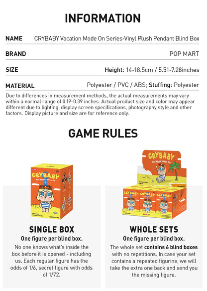 CRYBABY Vacation Mode On Series Authentic Pop Mart Vinyl Plush Pendant Blind Box