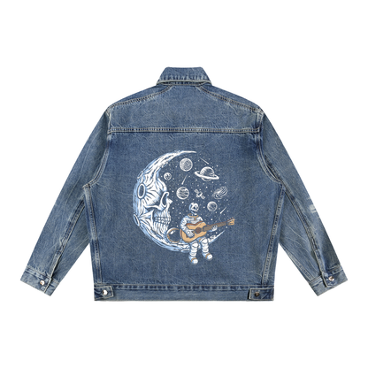 Vintage Wash Zip Up Denim Jacket with Art Prints Positive Japanese Moon Astronaut
