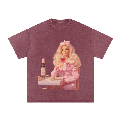 Funny Barbie with a Wine Glass Snow Washed Oversized Cotton T-Shirt