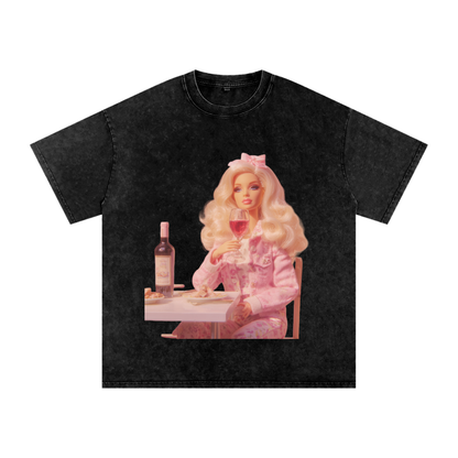 Funny Barbie with a Wine Glass Snow Washed Oversized Cotton T-Shirt