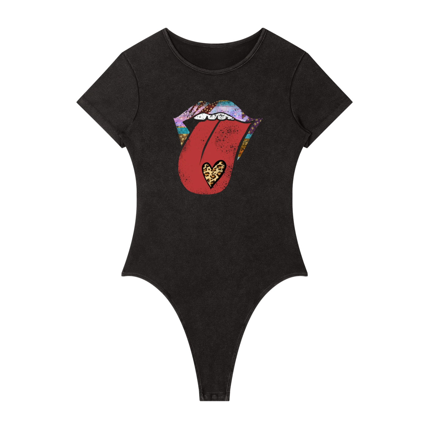 Black bodysuit with Rolling Stones logo on a white background