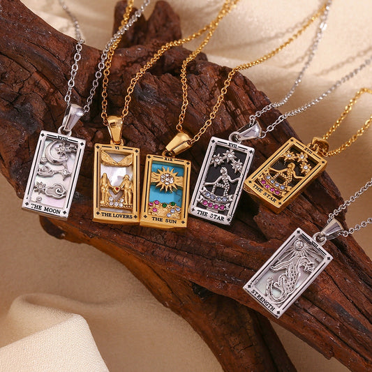 Tarot Card Necklace with Inlaid Design and Crystals