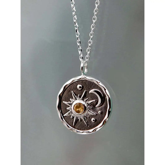 Vintage Silver Sun Moon Zircon Necklace