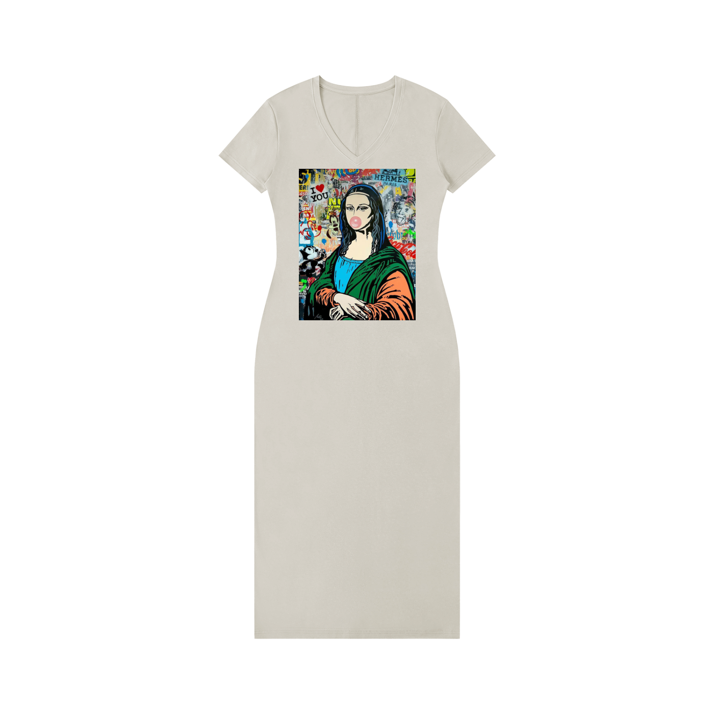Women's V-Neck Short Sleeve Maxi Dress with Mona Lisa Art Print