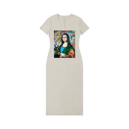 Women's V-Neck Short Sleeve Maxi Dress with Mona Lisa Art Print