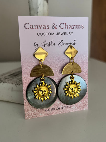 Celestial Statement Earrings with Sun and Black Pearl Discs