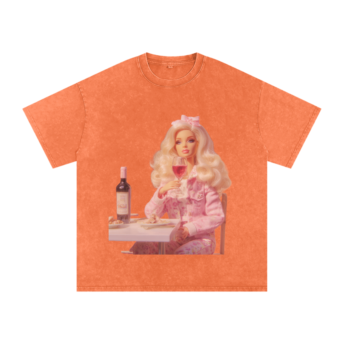 Funny Barbie with a Wine Glass Snow Washed Oversized Cotton T-Shirt