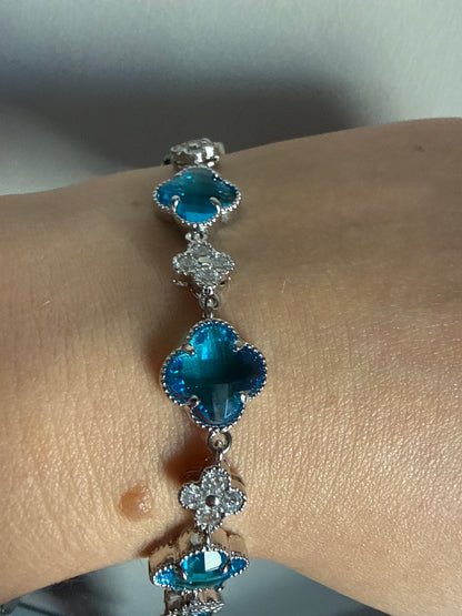 Ocean Blue Clover Station Bracelet with White Crystals