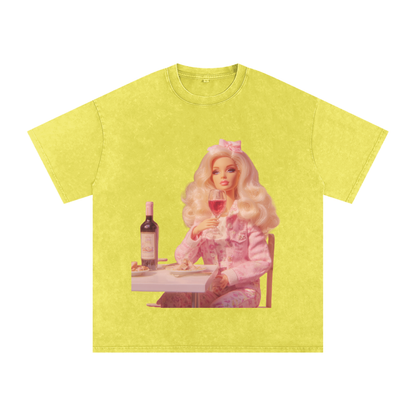 Funny Barbie with a Wine Glass Snow Washed Oversized Cotton T-Shirt