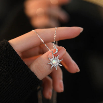 Opal Sun and Moon Dainty Pendant Necklace in 925 Sterling Silver