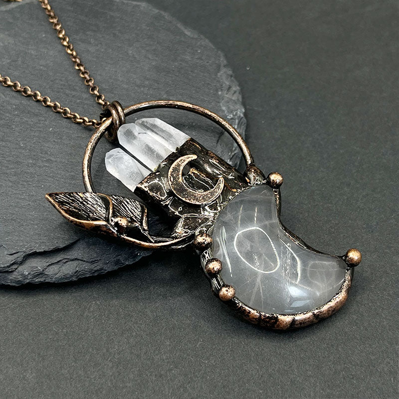 Clear Crystal Moon Plant Shape Pendant Gemstone Necklace