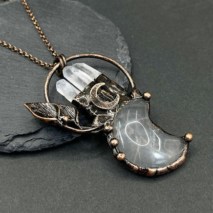 Clear Crystal Moon Plant Shape Pendant Gemstone Necklace