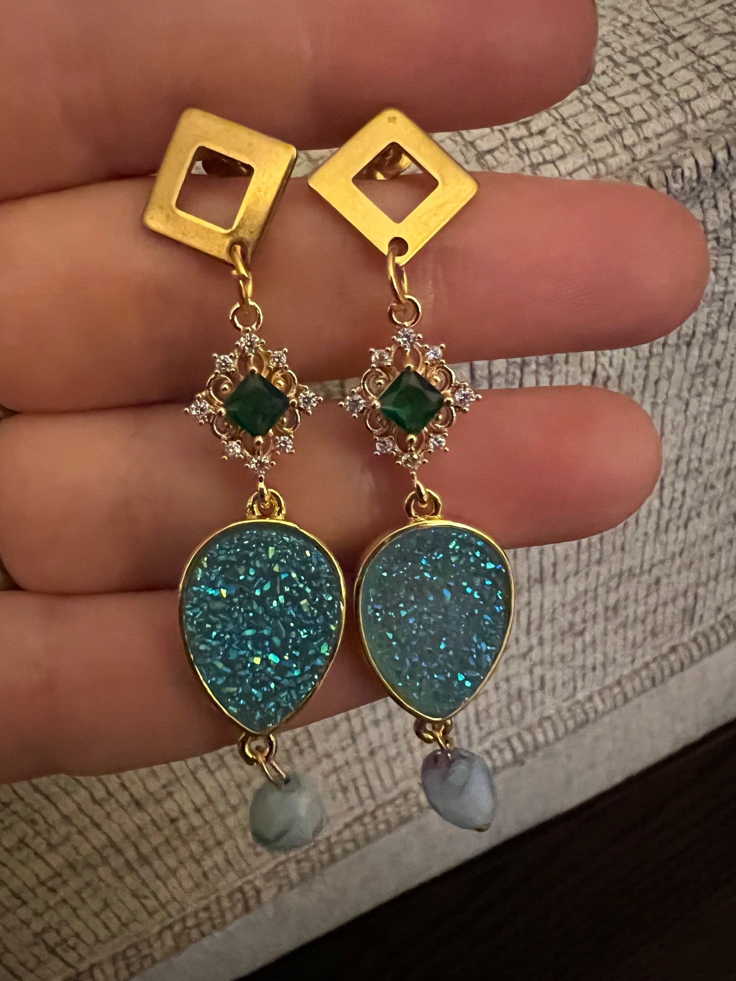 Druzy Crystal Drop Earrings with Roasted Glass Pendant