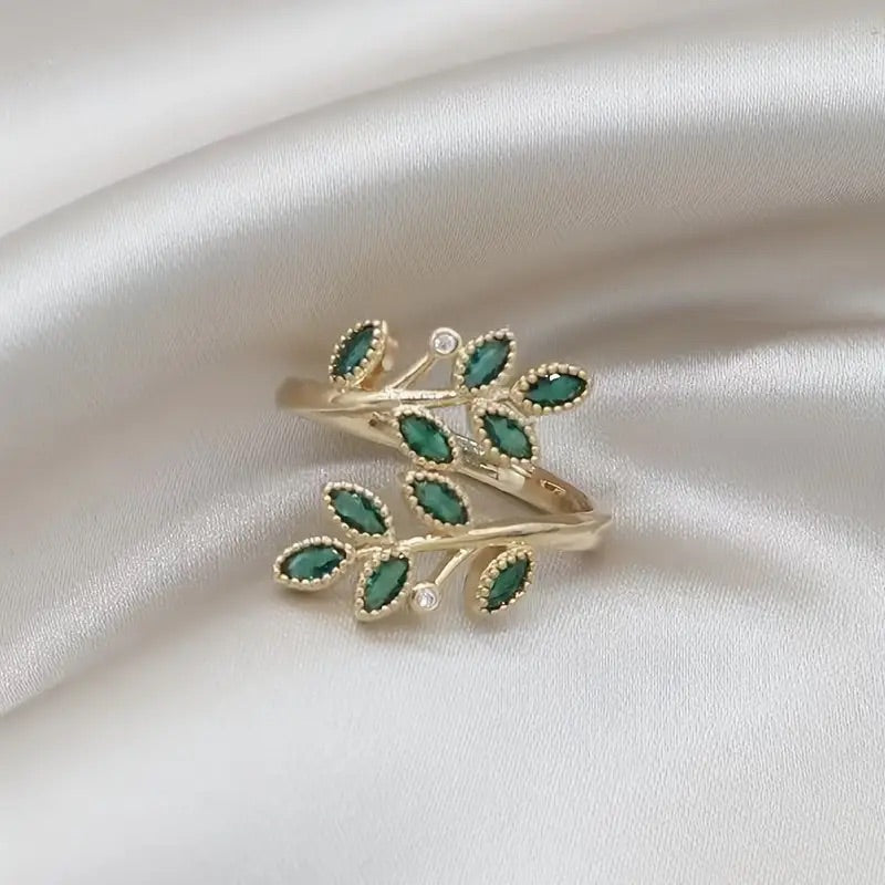 Green leaf wrap ring with crystals