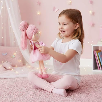 June Garden 18" Ballerina Plush Doll Rosalie - Soft Pink Hair Doll in Floral Dress & Tulle Skirt with Ballet Shoes - Gift for Girls & Toddlers