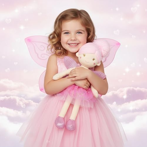 June Garden 18" Ballerina Plush Doll Rosalie - Soft Pink Hair Doll in Floral Dress & Tulle Skirt with Ballet Shoes - Gift for Girls & Toddlers