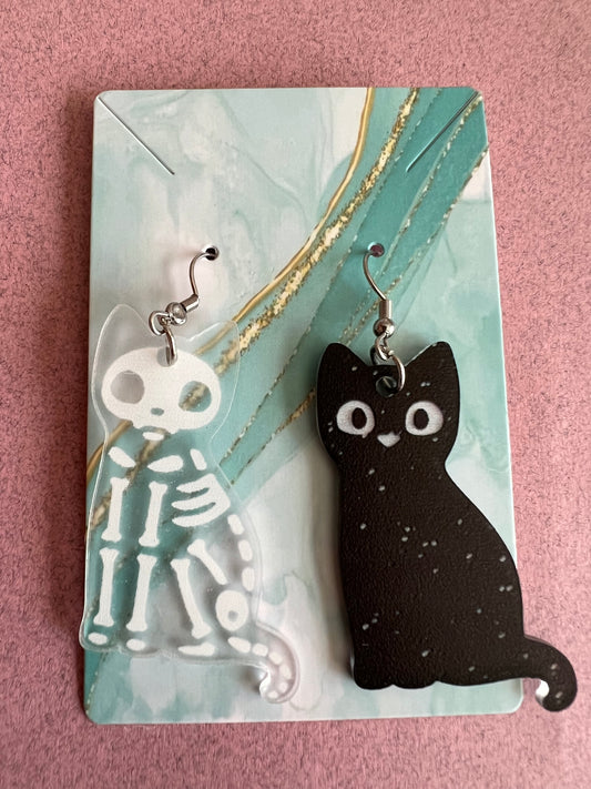 Black Cat and Cat Skeleton Halloween Drop Earrings