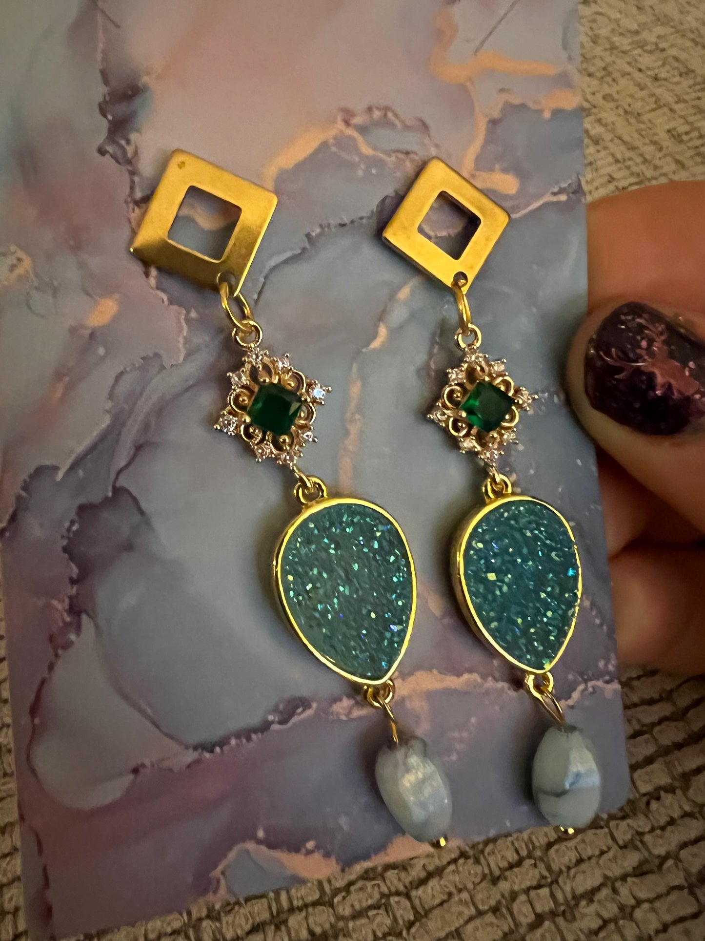 Druzy Crystal Drop Earrings with Roasted Glass Pendant