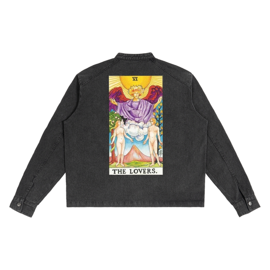 Denim Vintage Washed Jacket with Tarot Card Prints The World The Hermit and The Lovers