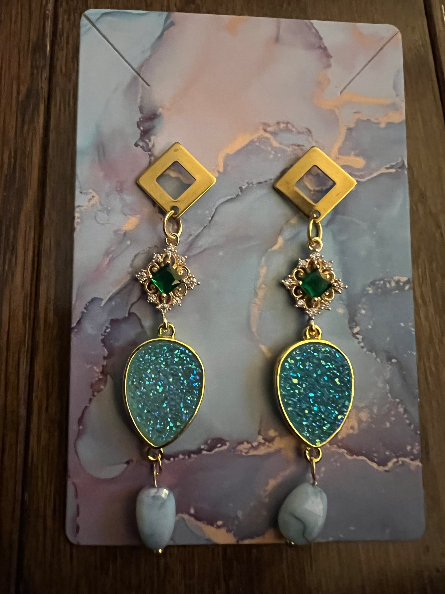 Druzy Crystal Drop Earrings with Roasted Glass Pendant