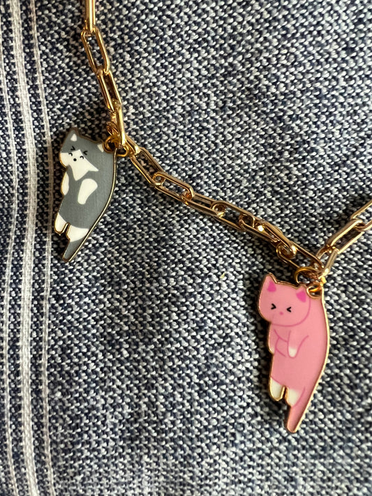 Cute handmade gold chain necklace with cat pendants