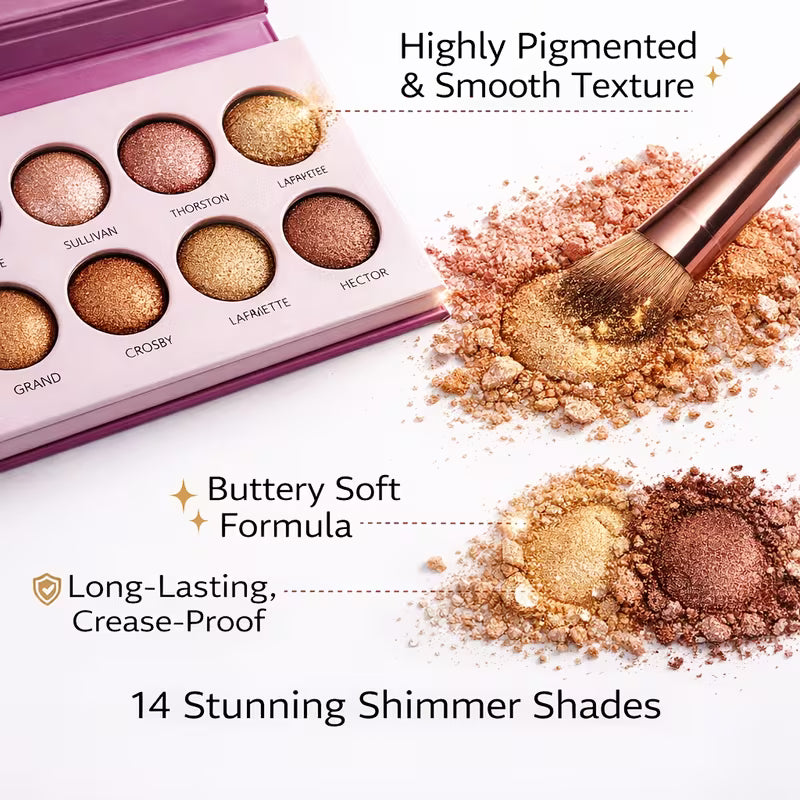 14-Color Metallic Eyeshadow Palette Nude Rose Golden Bronze Blendable Shimmer Shades