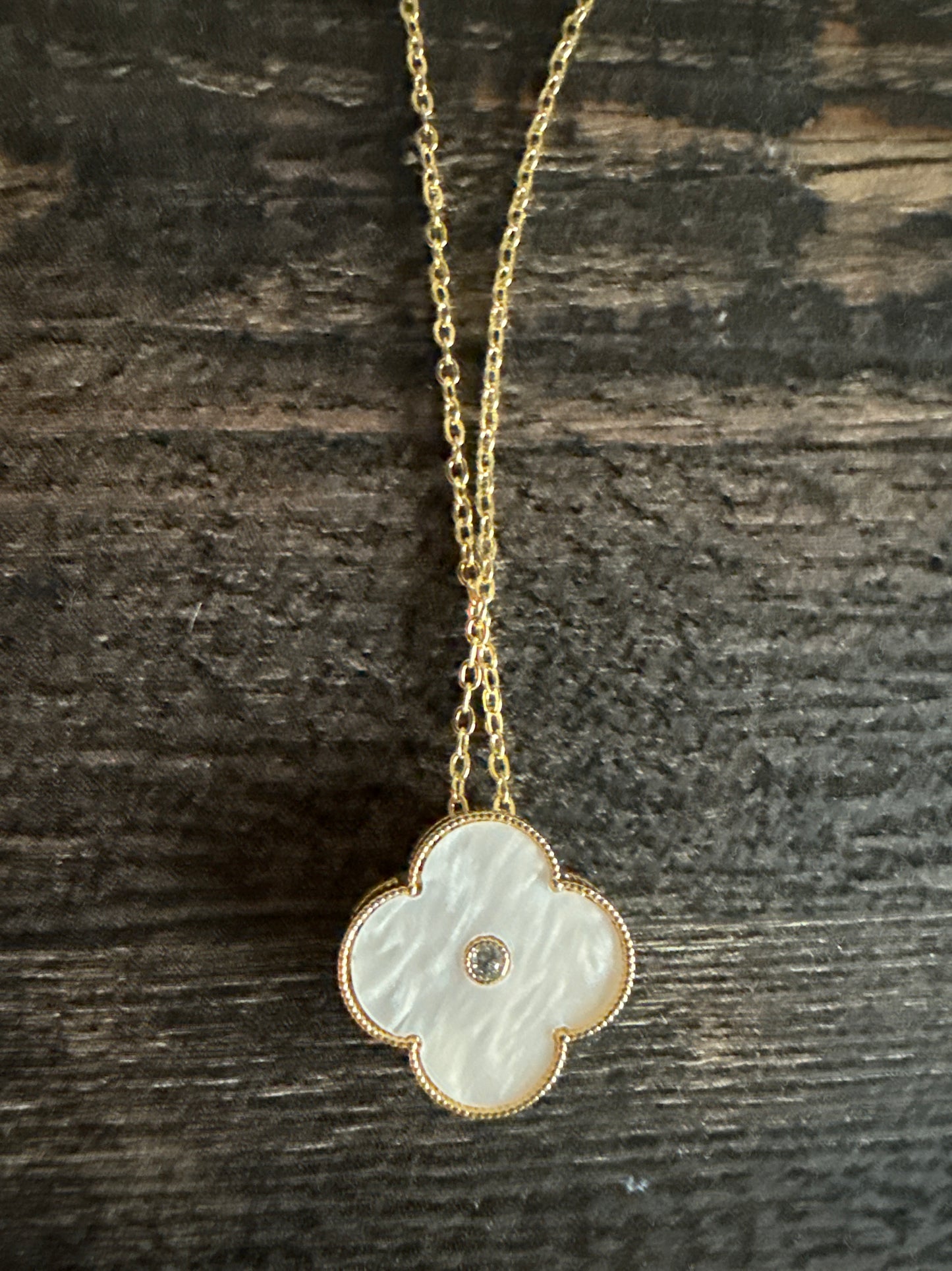 Clover Necklace White Mother of Pearl Reversible with Diamonds