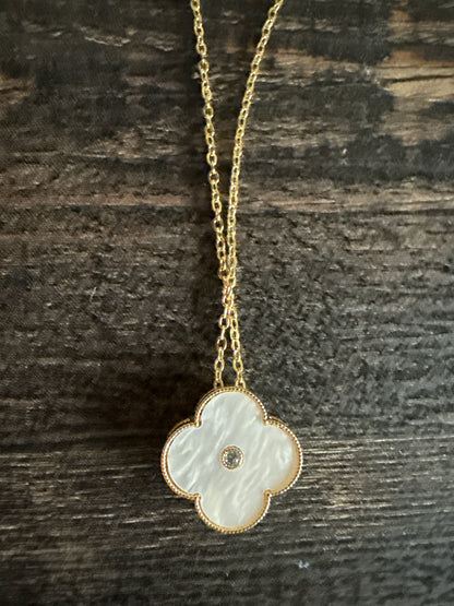 Clover Necklace White Mother of Pearl Reversible with Diamonds