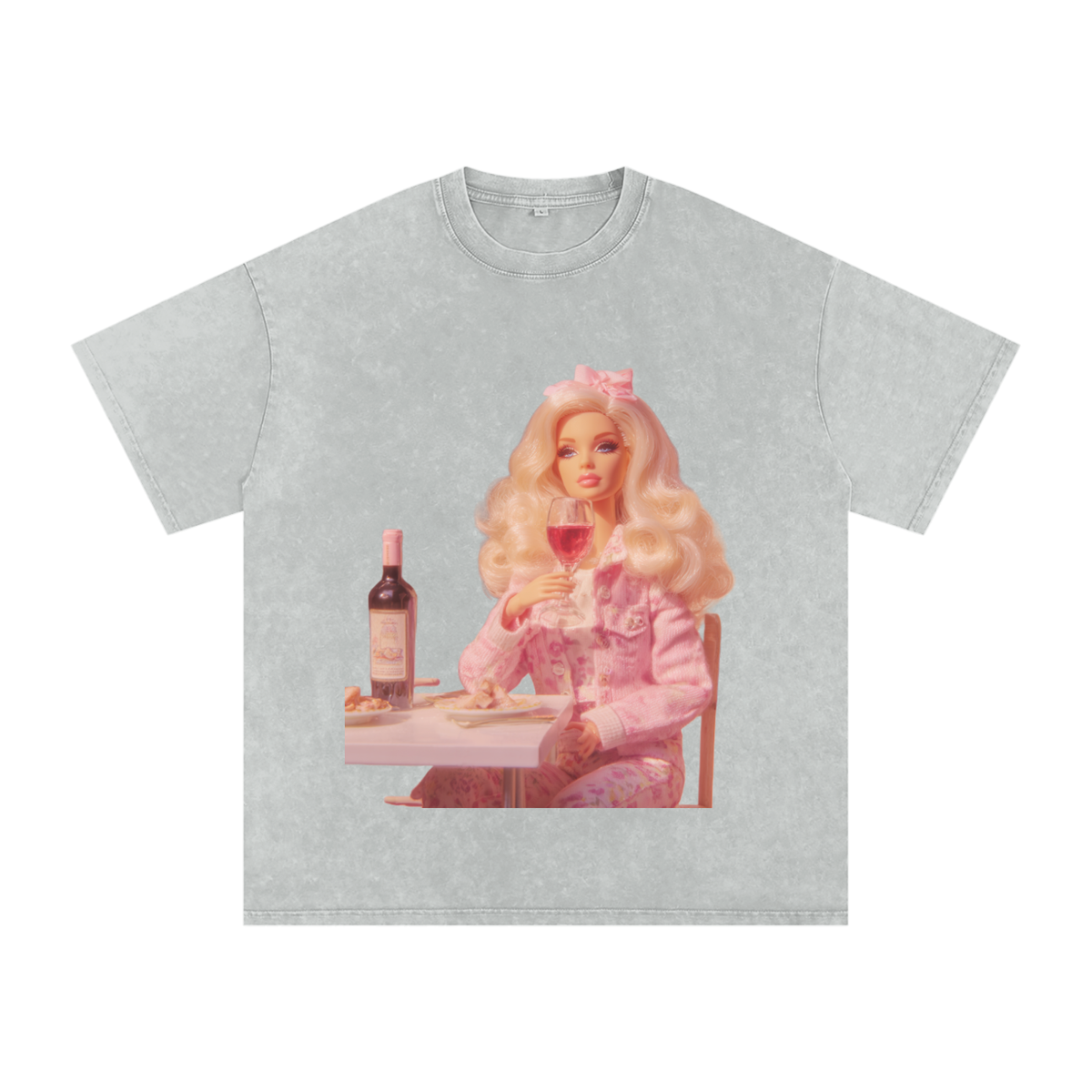 Funny Barbie with a Wine Glass Snow Washed Oversized Cotton T-Shirt