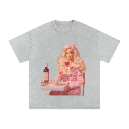 Funny Barbie with a Wine Glass Snow Washed Oversized Cotton T-Shirt