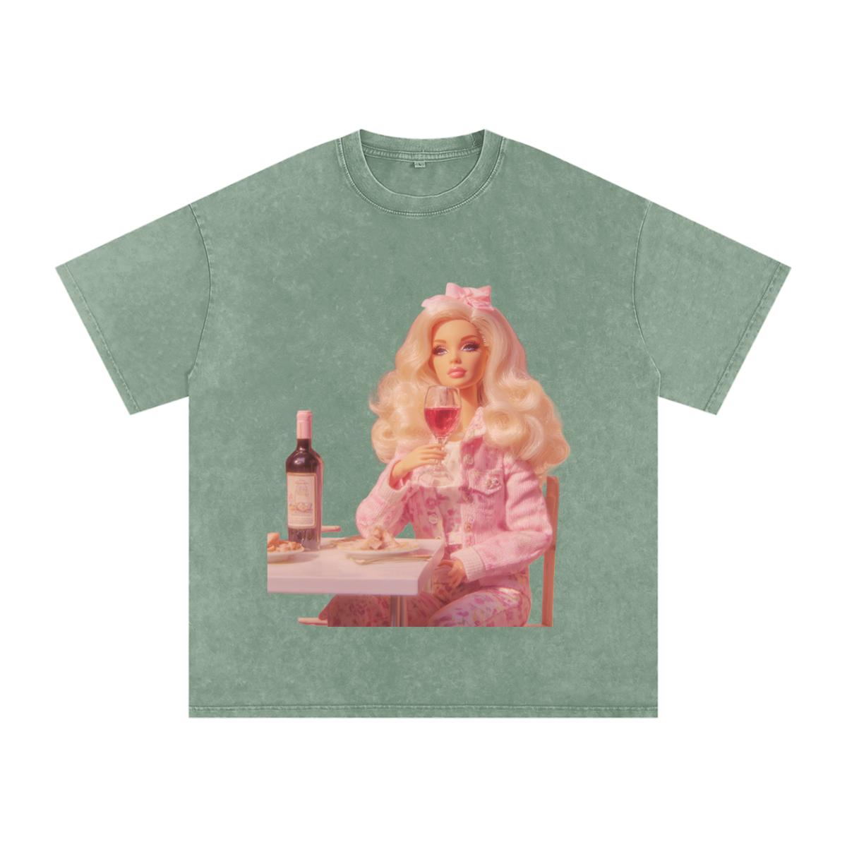 Funny Barbie with a Wine Glass Snow Washed Oversized Cotton T-Shirt