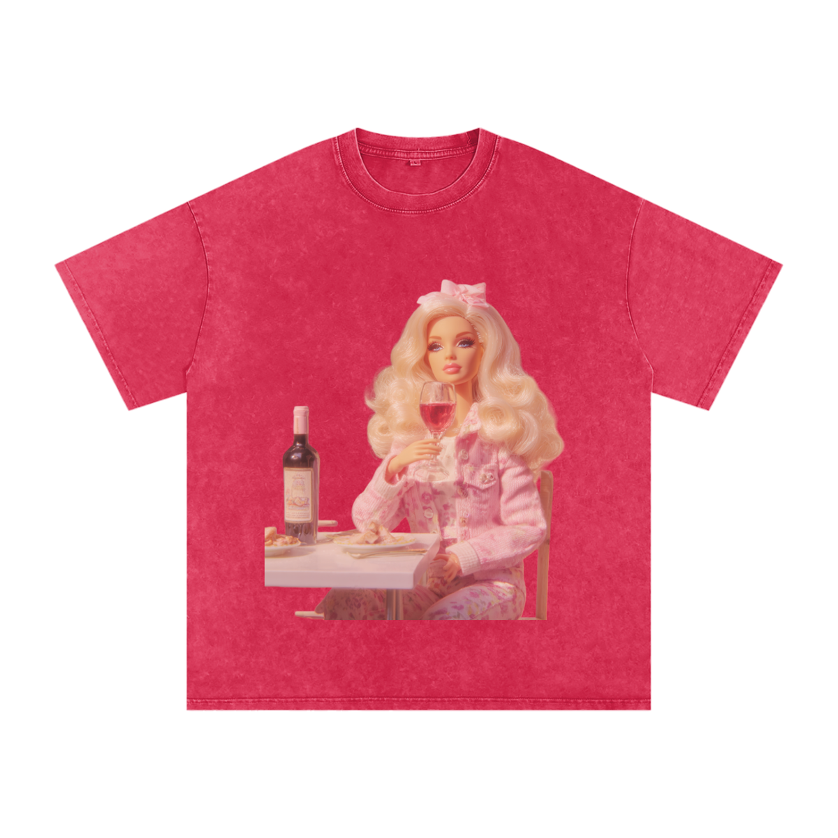 Funny Barbie with a Wine Glass Snow Washed Oversized Cotton T-Shirt