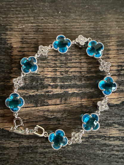 Ocean Blue Clover Station Bracelet with White Crystals