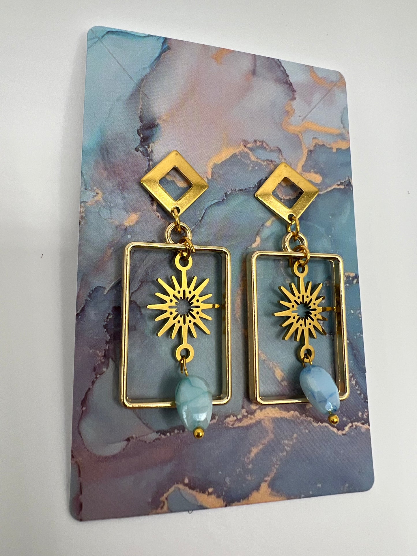 Celestial Golden Star Earrings with Blue Stone Pendant