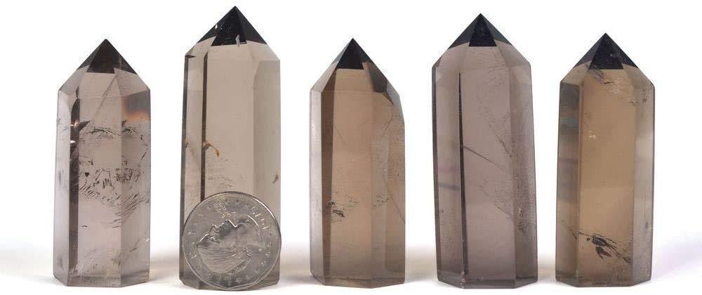 Angelstones Natural Smoky Quartz Gemstone Healing Crystal Hexagonal Pointed Reiki Chakra Faceted Prism Wand Carved Stone Figurine Home Decor