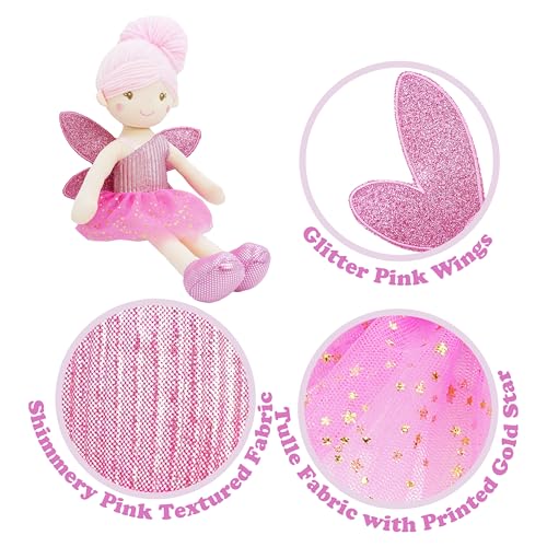 June Garden 18" Ballerina Plush Doll Rosalie - Soft Pink Hair Doll in Floral Dress & Tulle Skirt with Ballet Shoes - Gift for Girls & Toddlers