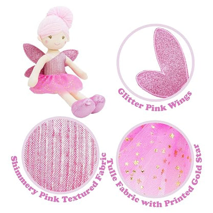 June Garden 18" Ballerina Plush Doll Rosalie - Soft Pink Hair Doll in Floral Dress & Tulle Skirt with Ballet Shoes - Gift for Girls & Toddlers