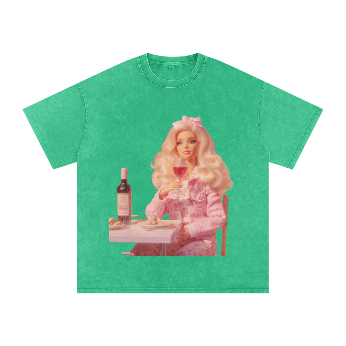 Funny Barbie with a Wine Glass Snow Washed Oversized Cotton T-Shirt