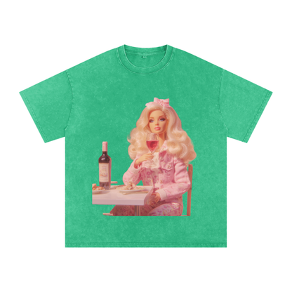 Funny Barbie with a Wine Glass Snow Washed Oversized Cotton T-Shirt
