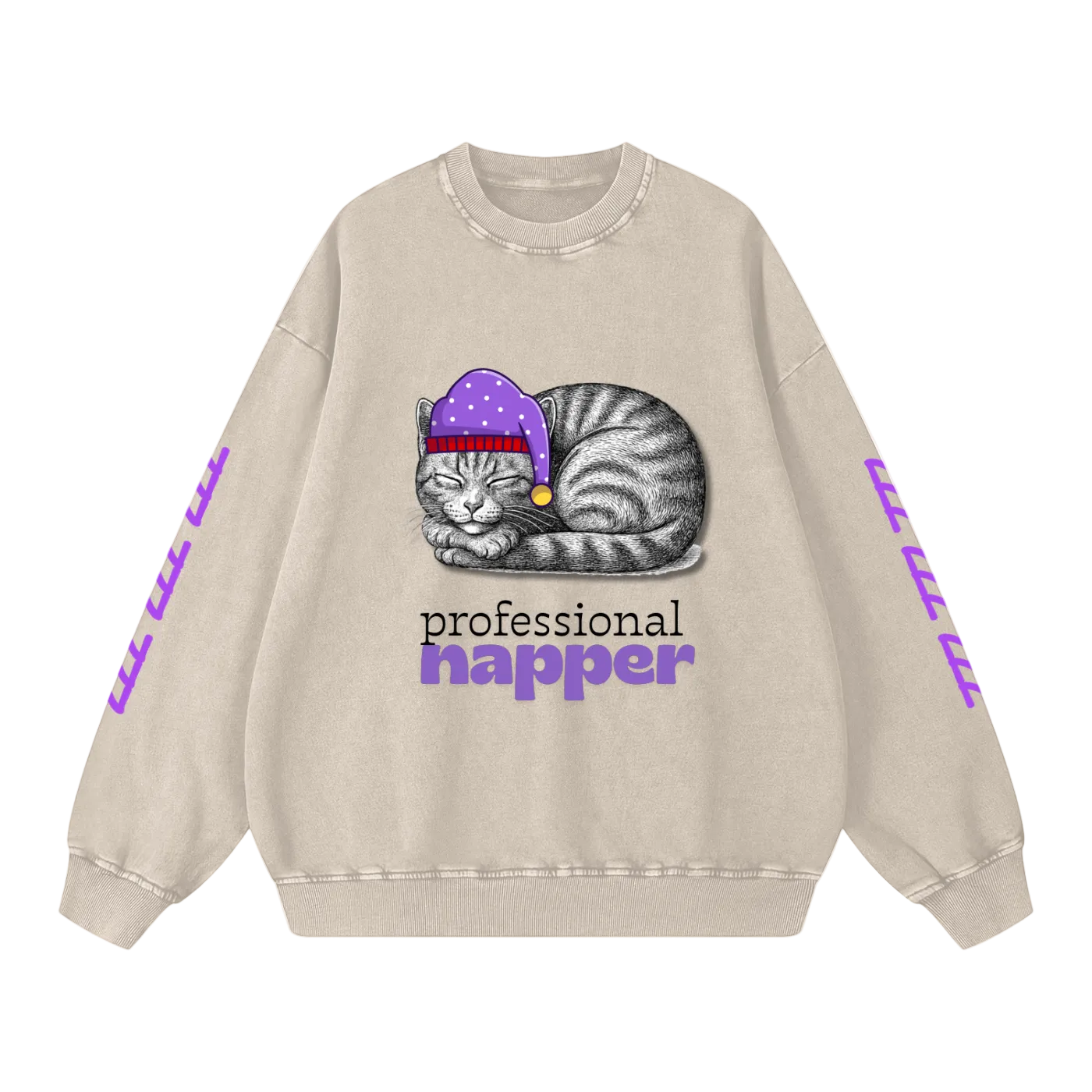 Funny Sweatshirt with Cat Professional Napper Snow Washed Oversized