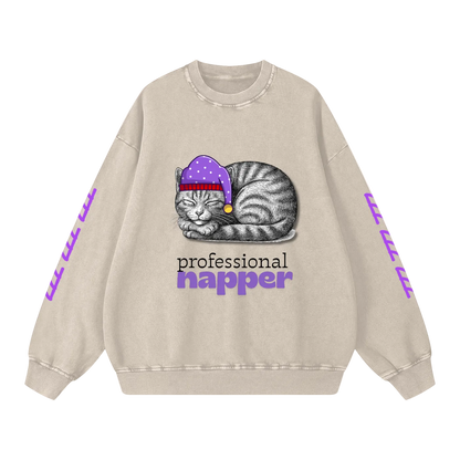 Funny Sweatshirt with Cat Professional Napper Snow Washed Oversized