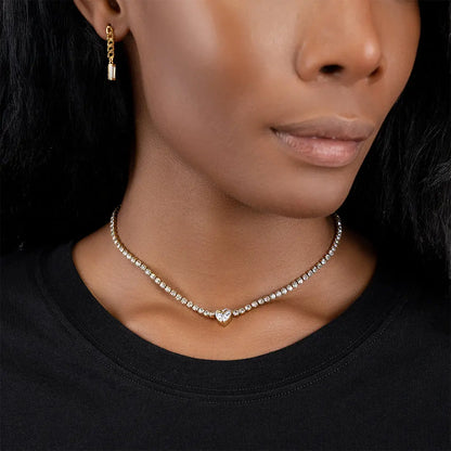Crystal Heart Tennis Chain Necklace 14K Gold Water Resistant
