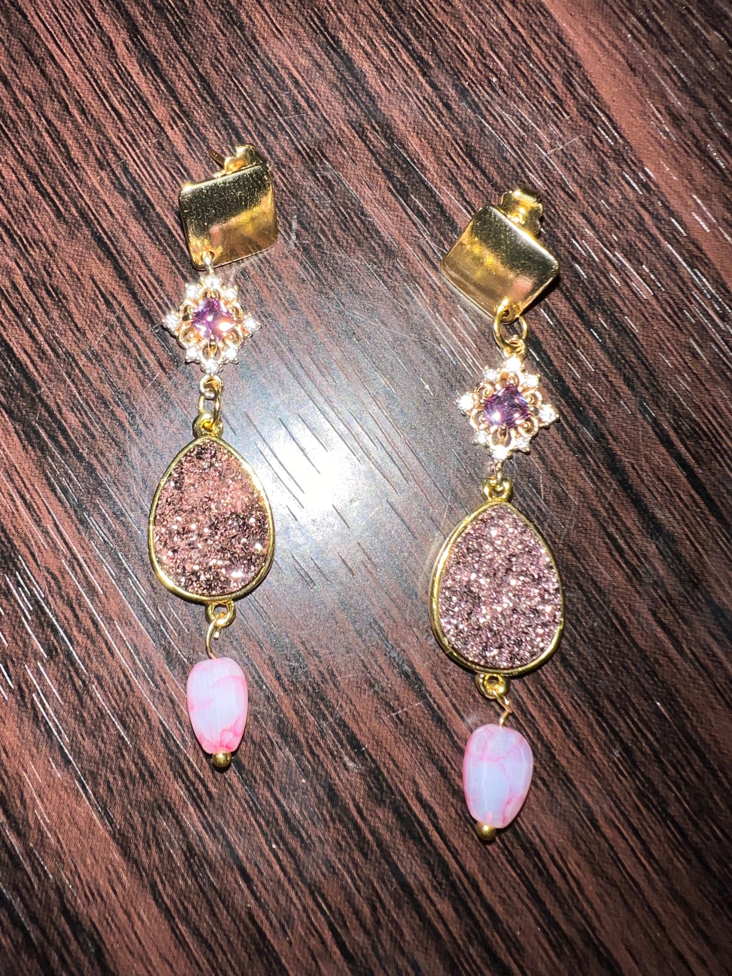 Druzy Crystal Drop Earrings with Roasted Glass Pendant