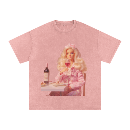 Funny Barbie with a Wine Glass Snow Washed Oversized Cotton T-Shirt