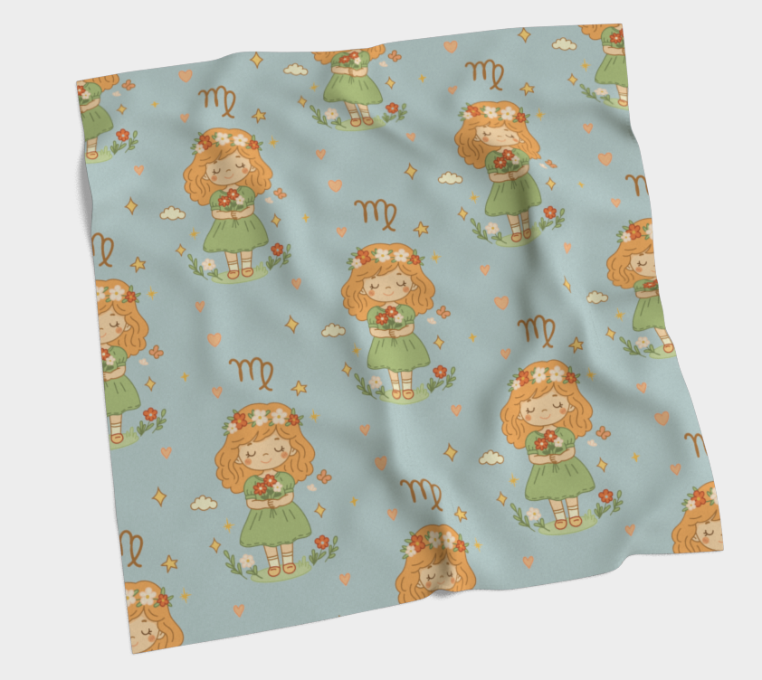 Fleece blanket with cartoon character pattern on a light blue background