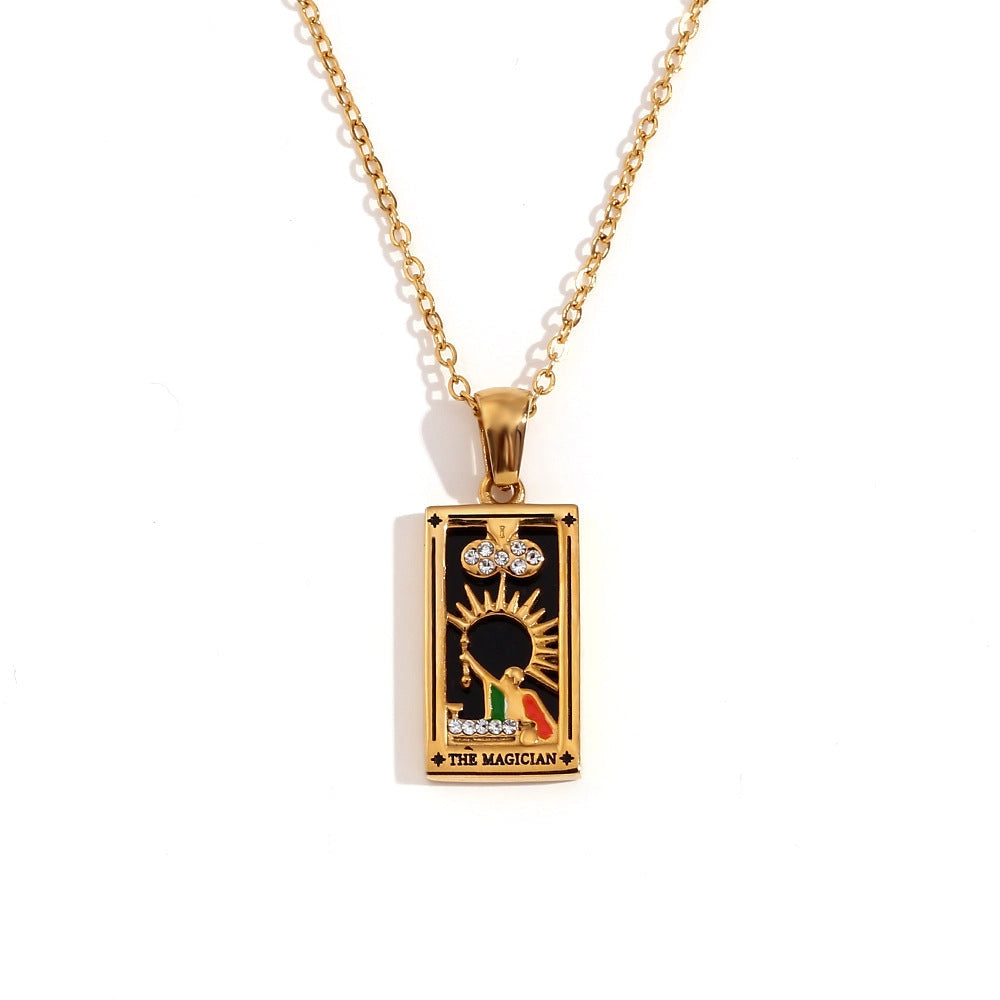 Tarot Card Necklace with Inlaid Design and Crystals